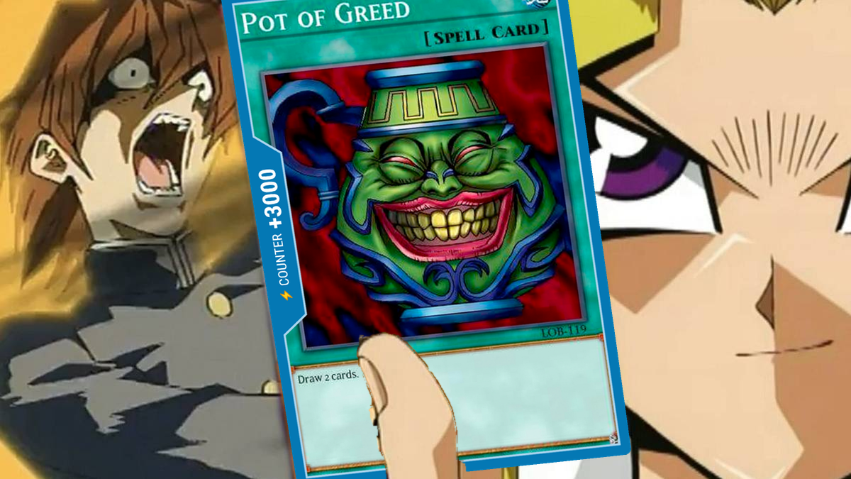 Pot of Greed with a +3000 counter, between Kaiba and Joey